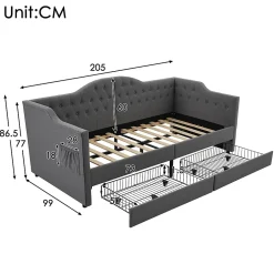 Gutent Lit adulte lit 90x190 cm lit rembourré avec 2 tiroirs Single lin gris* Lit Simple