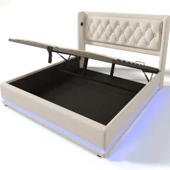 Lit adulte lit 140x200 cm lit rembourré hydraulique lit de rangement lit double coton beige>Gutent Online