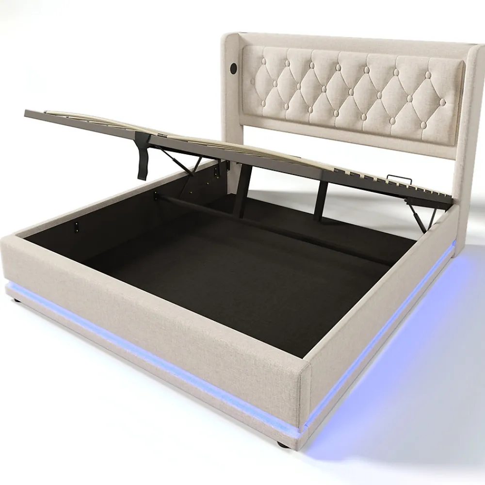 Lit adulte lit 140x200 cm lit rembourré hydraulique lit de rangement lit double coton beige>Gutent Online