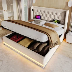 Lit adulte lit 140x200 cm lit rembourré hydraulique lit de rangement lit double coton beige><noscript><img width=