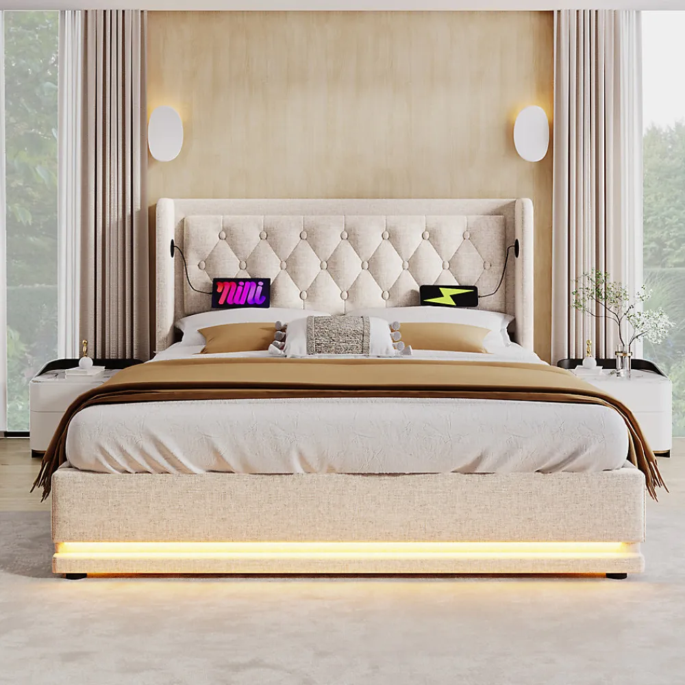 Lit adulte lit 140x200 cm lit rembourré hydraulique lit de rangement lit double coton beige>Gutent Online