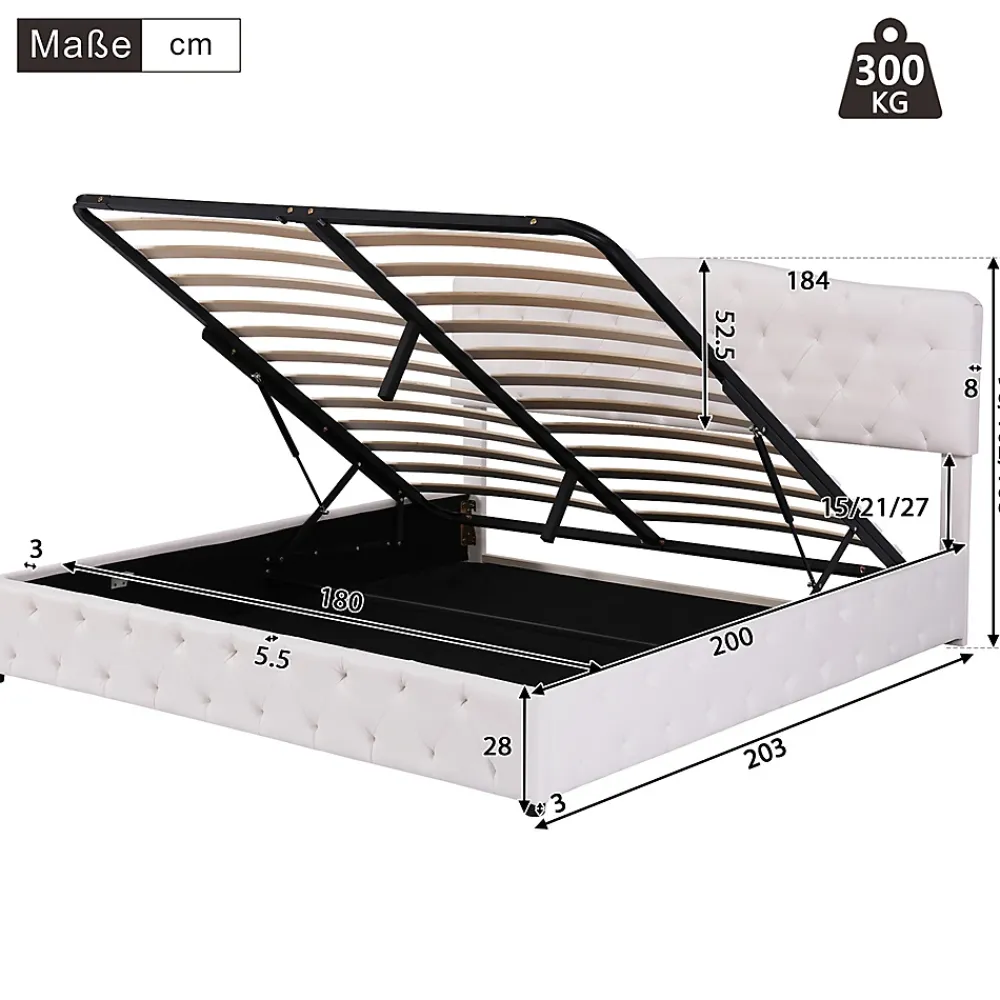 Gutent Lit adulte lit 180x200 cm lit rembourré hydraulique lit sommier à lattes lit de rangement lit double pu blanc* Lit Avec Rangement