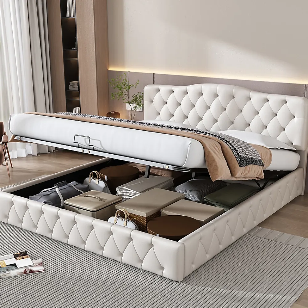 Gutent Lit adulte lit 180x200 cm lit rembourré hydraulique lit sommier à lattes lit de rangement lit double pu blanc* Lit Avec Rangement
