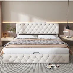 Gutent Lit adulte lit 180x200 cm lit rembourré hydraulique lit sommier à lattes lit de rangement lit double pu blanc* Lit Avec Rangement