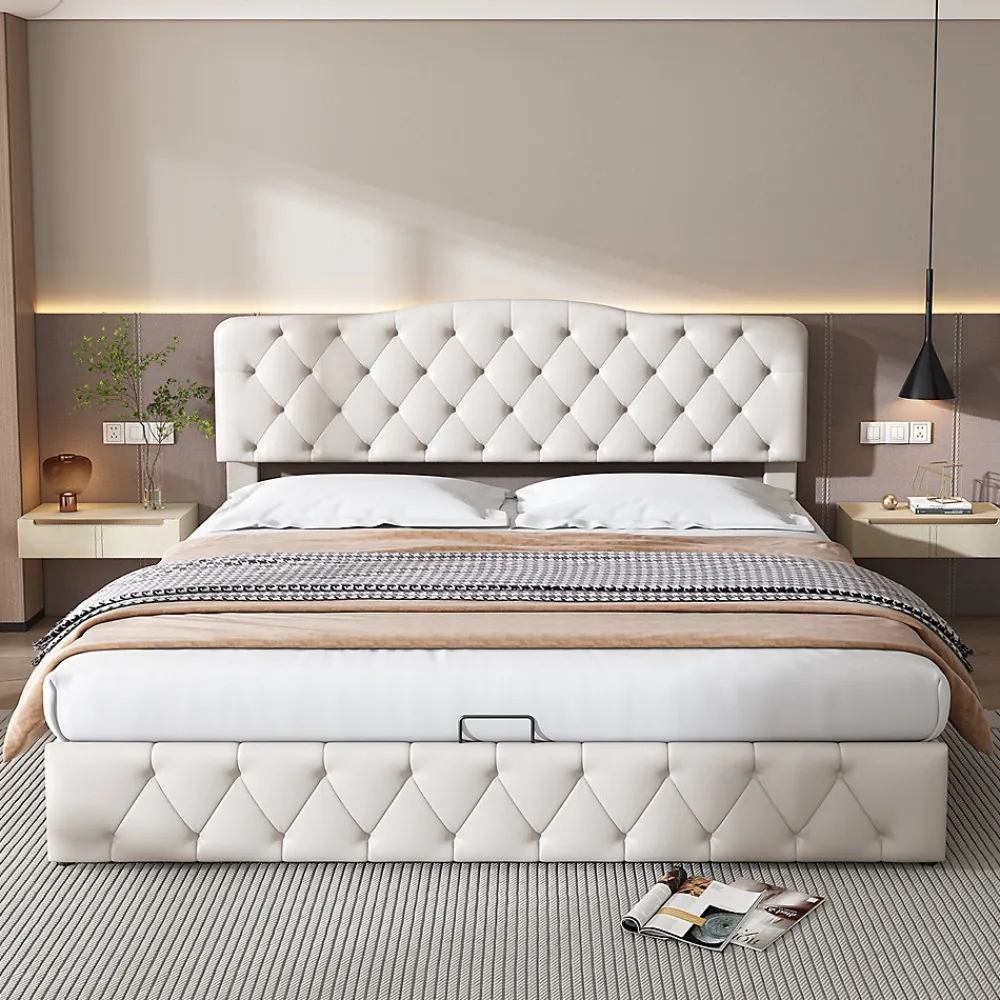 Gutent Lit adulte lit 180x200 cm lit rembourré hydraulique lit sommier à lattes lit de rangement lit double pu blanc* Lit Avec Rangement