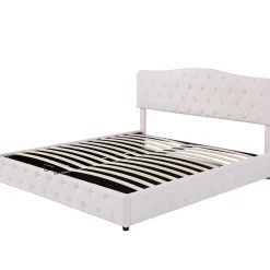 Gutent Lit adulte lit 180x200 cm lit rembourré hydraulique lit sommier à lattes lit de rangement lit double pu blanc* Lit Avec Rangement