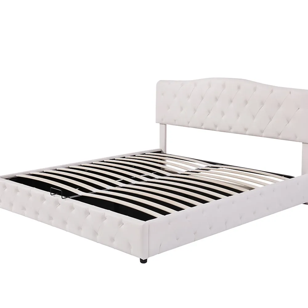 Gutent Lit adulte lit 180x200 cm lit rembourré hydraulique lit sommier à lattes lit de rangement lit double pu blanc* Lit Avec Rangement