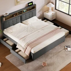 Gutent Lit adulte lit 140x200 cm lit rembourré avec quatre tiroirs avec sommier à lattes en bois lit double lin gris* Lit Avec Rangement