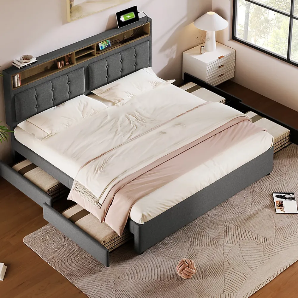 Gutent Lit adulte lit 140x200 cm lit rembourré avec quatre tiroirs avec sommier à lattes en bois lit double lin gris* Lit Avec Rangement