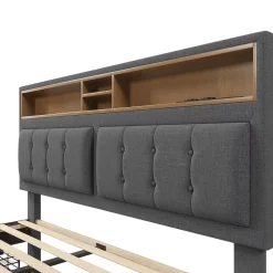 Gutent Lit adulte lit 140x200 cm lit rembourré avec quatre tiroirs avec sommier à lattes en bois lit double lin gris* Lit Avec Rangement