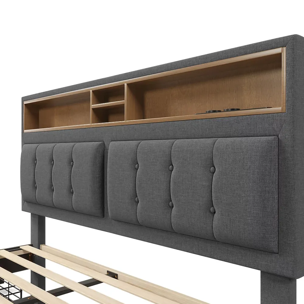 Gutent Lit adulte lit 140x200 cm lit rembourré avec quatre tiroirs avec sommier à lattes en bois lit double lin gris* Lit Avec Rangement