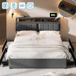 Gutent Lit adulte lit 140x200 cm lit rembourré avec quatre tiroirs avec sommier à lattes en bois lit double lin gris* Lit Avec Rangement
