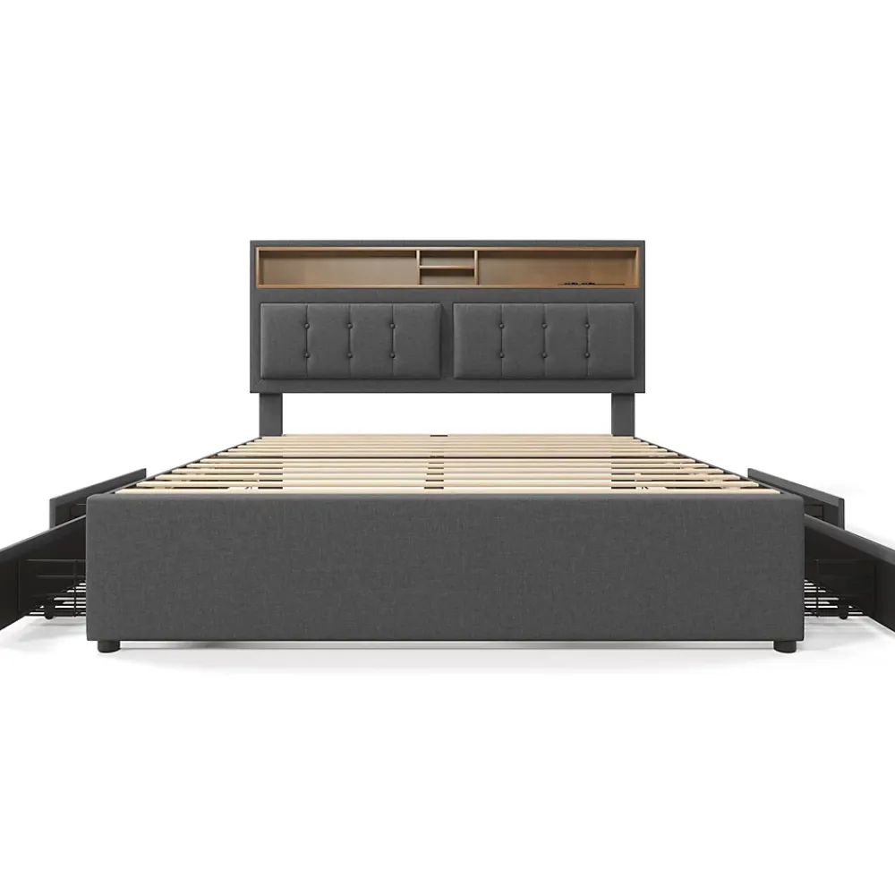 Gutent Lit adulte lit 140x200 cm lit rembourré avec quatre tiroirs avec sommier à lattes en bois lit double lin gris* Lit Avec Rangement