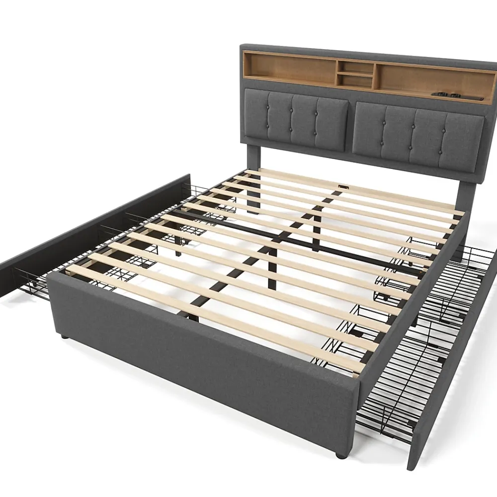 Gutent Lit adulte lit 140x200 cm lit rembourré avec quatre tiroirs avec sommier à lattes en bois lit double lin gris* Lit Avec Rangement