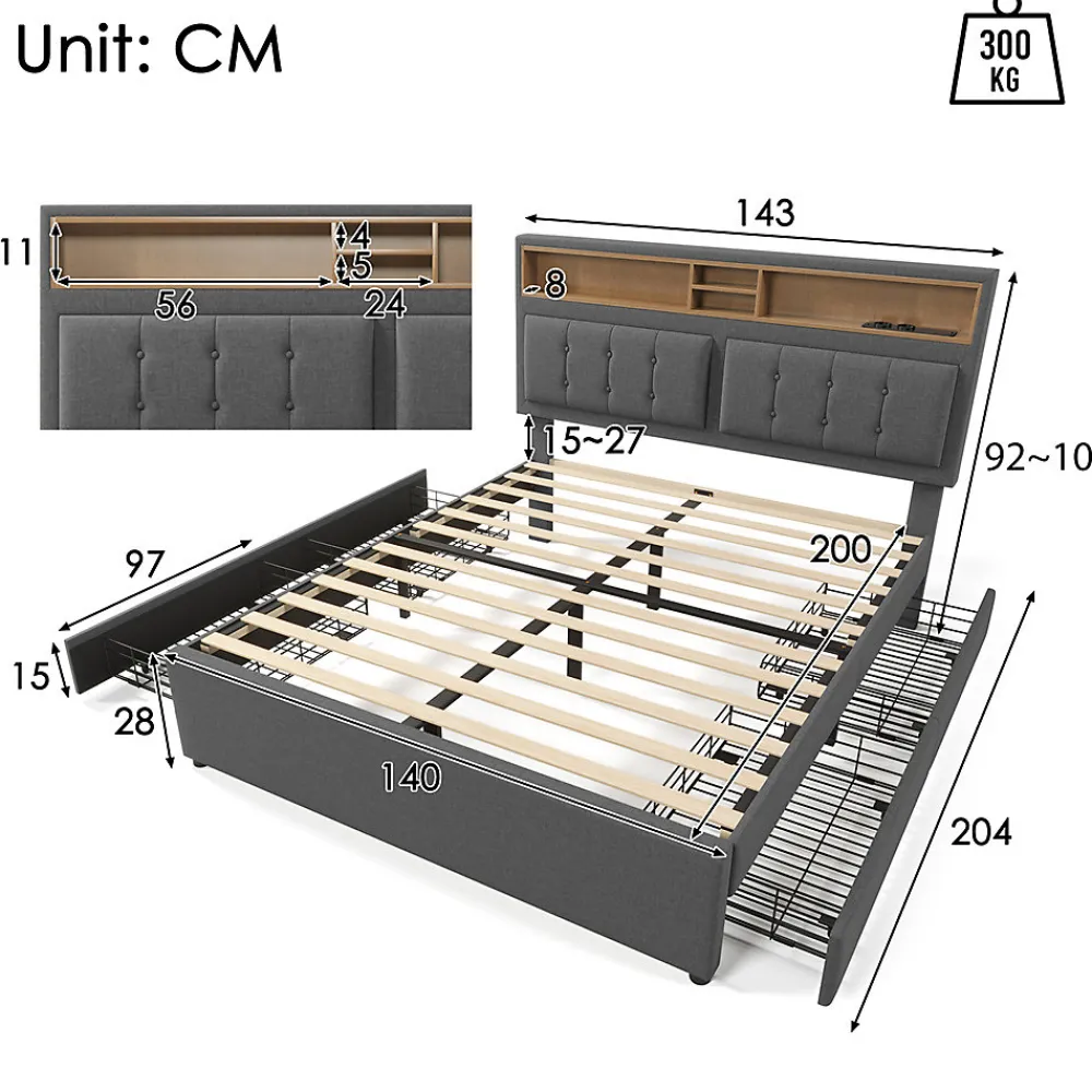 Gutent Lit adulte lit 140x200 cm lit rembourré avec quatre tiroirs avec sommier à lattes en bois lit double lin gris* Lit Avec Rangement