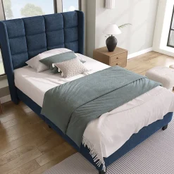 Gutent Lit adulte lit 90x200 cm lit rembourré lit sommier à lattes Single lin bleu* Lit Simple