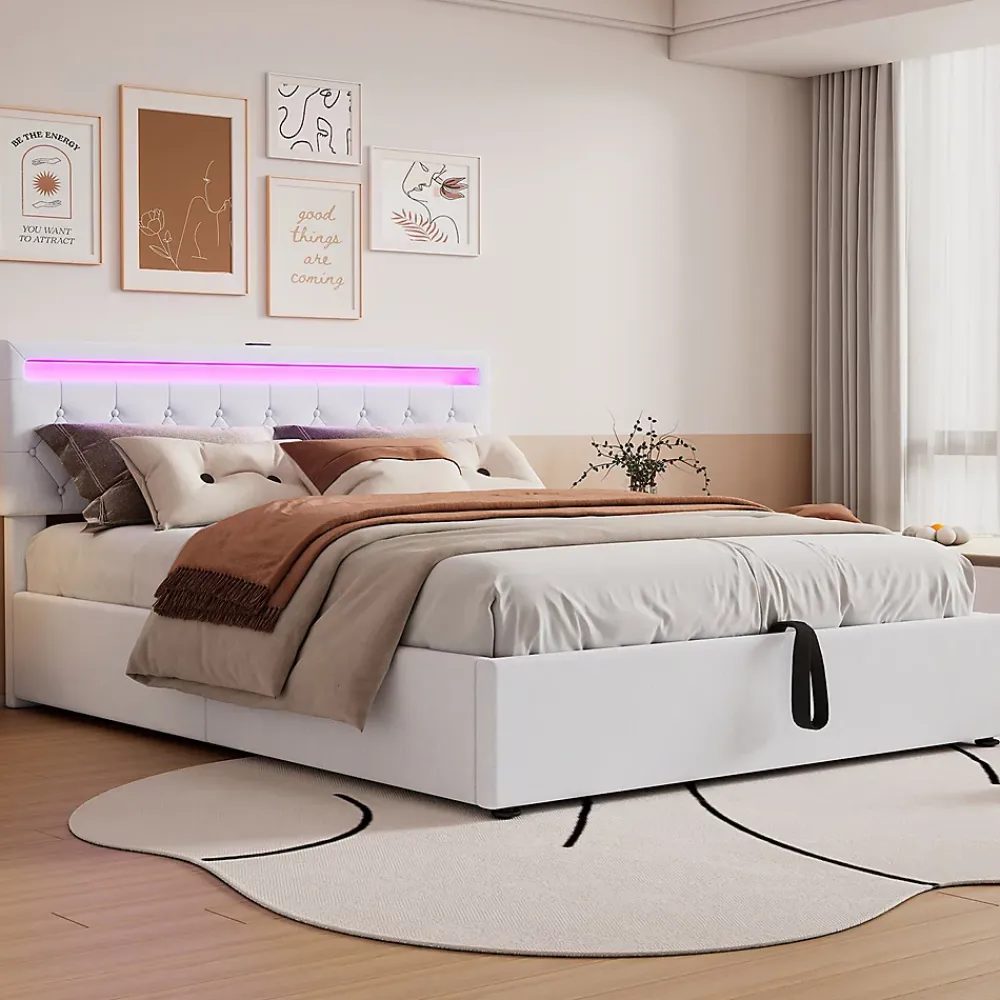 Gutent Lit adulte lit 160x200 cm lit rembourré lit de rangement avec lumière ambiante lit double lin blanc* Lit Avec Rangement