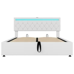 Gutent Lit adulte lit 160x200 cm lit rembourré lit de rangement avec lumière ambiante lit double lin blanc* Lit Avec Rangement