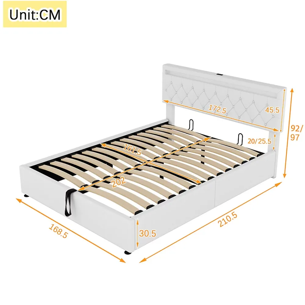 Gutent Lit adulte lit 160x200 cm lit rembourré lit de rangement avec lumière ambiante lit double lin blanc* Lit Avec Rangement