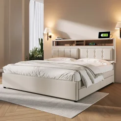 Lit adulte lit 160x200 cm lit rembourré avec quatre tiroirs avec sommier à lattes en bois lit double lin beige><noscript><img width=