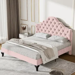Gutent Lit adulte lit 140x200 cm lit rembourré avec sommier à lattes lit double velours rose* Lit Double