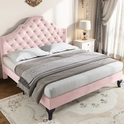 Gutent Lit adulte lit 140x200 cm lit rembourré avec sommier à lattes lit double velours rose* Lit Double