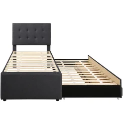 Lit adulte lit 90x200 cm lit rembourré avec trois tiroirs Single lin gris><noscript><img width=