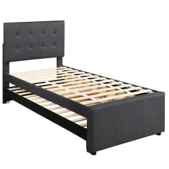 Lit adulte lit 90x200 cm lit rembourré avec trois tiroirs Single lin gris><noscript><img width=