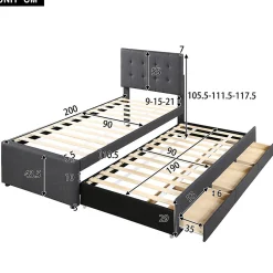 Lit adulte lit 90x200 cm lit rembourré avec trois tiroirs Single lin gris><noscript><img width=
