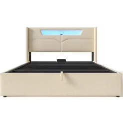 Lit adulte lit 140x200 cm lit rembourré lit de rangement lit sommier à lattes en bois lit double lin beige><noscript><img width=
