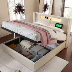 Lit adulte lit 140x200 cm lit rembourré lit de rangement lit sommier à lattes en bois lit double lin beige><noscript><img width=