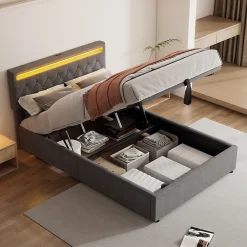 Lit adulte lit 140x200 cm lit rembourré lit de rangement avec lumière ambiante lit double lin gris><noscript><img width=