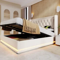 Gutent Lit adulte lit 180x200 cm lit rembourré hydraulique lit de rangement lit double coton beige* Lit Avec Rangement