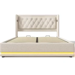 Gutent Lit adulte lit 180x200 cm lit rembourré hydraulique lit de rangement lit double coton beige* Lit Avec Rangement