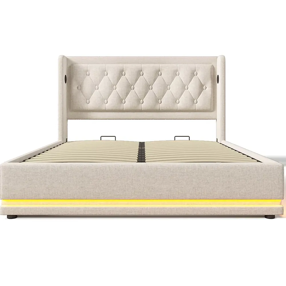 Gutent Lit adulte lit 180x200 cm lit rembourré hydraulique lit de rangement lit double coton beige* Lit Avec Rangement