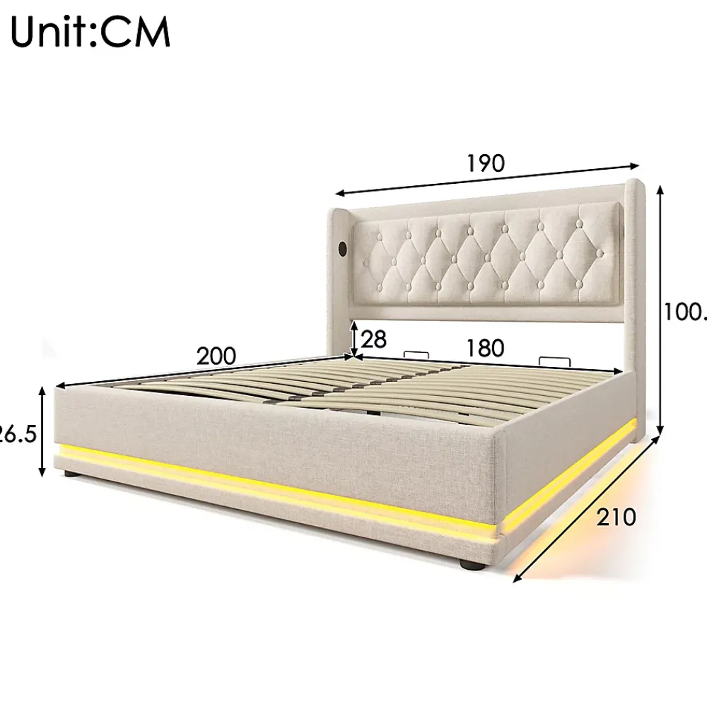 Gutent Lit adulte lit 180x200 cm lit rembourré hydraulique lit de rangement lit double coton beige* Lit Avec Rangement