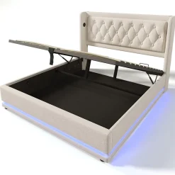 Gutent Lit adulte lit 180x200 cm lit rembourré hydraulique lit de rangement lit double coton beige* Lit Avec Rangement