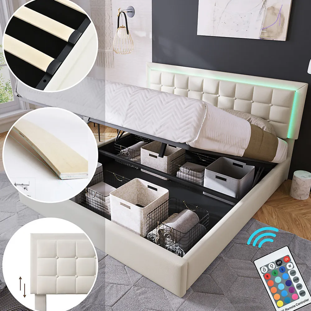 Lit adulte lit 180x200 cm lit rembourré lit de rangement lit sommier à lattes lit barre d'éclairage led lit double cuir pu blanc>Gutent Outlet