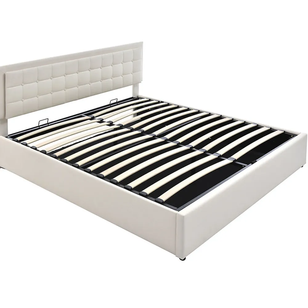 Lit adulte lit 180x200 cm lit rembourré lit de rangement lit sommier à lattes lit barre d'éclairage led lit double cuir pu blanc>Gutent Outlet