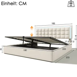 Lit adulte lit 180x200 cm lit rembourré lit de rangement lit sommier à lattes lit barre d'éclairage led lit double cuir pu blanc><noscript><img width=