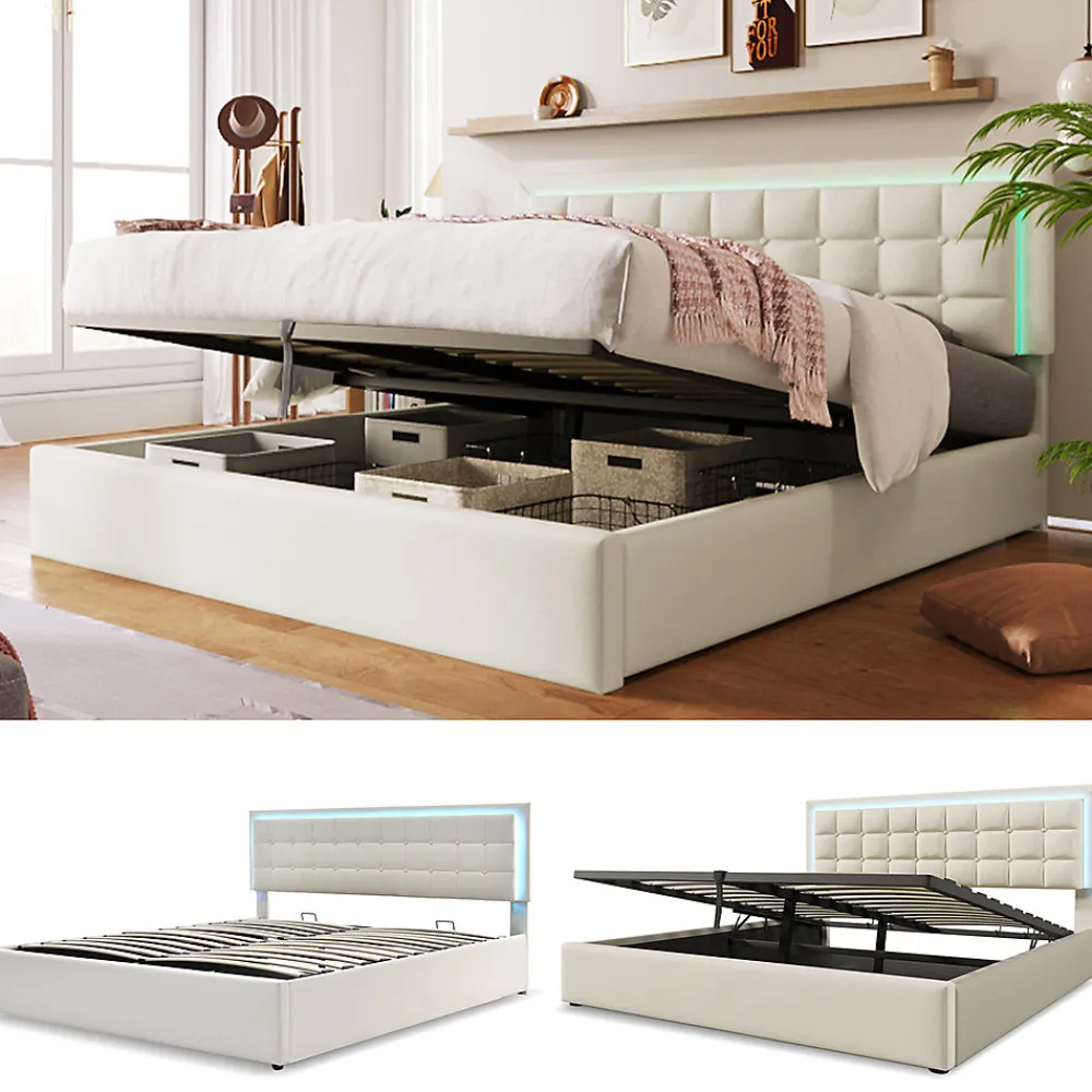 Lit adulte lit 180x200 cm lit rembourré lit de rangement lit sommier à lattes lit barre d'éclairage led lit double cuir pu blanc>Gutent Outlet