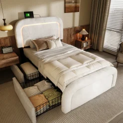 Lit adulte lit 90x200 cm lit rembourré lit éclairage led lit 2 tiroirs lit sommier à lattes en bois Single sherpa blanc>Gutent Clearance