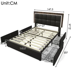 Gutent Lit adulte lit 140x200 cm lit rembourré avec bandeau lumineux led et 4 tiroirs lit double pu noir* Lit Avec Rangement