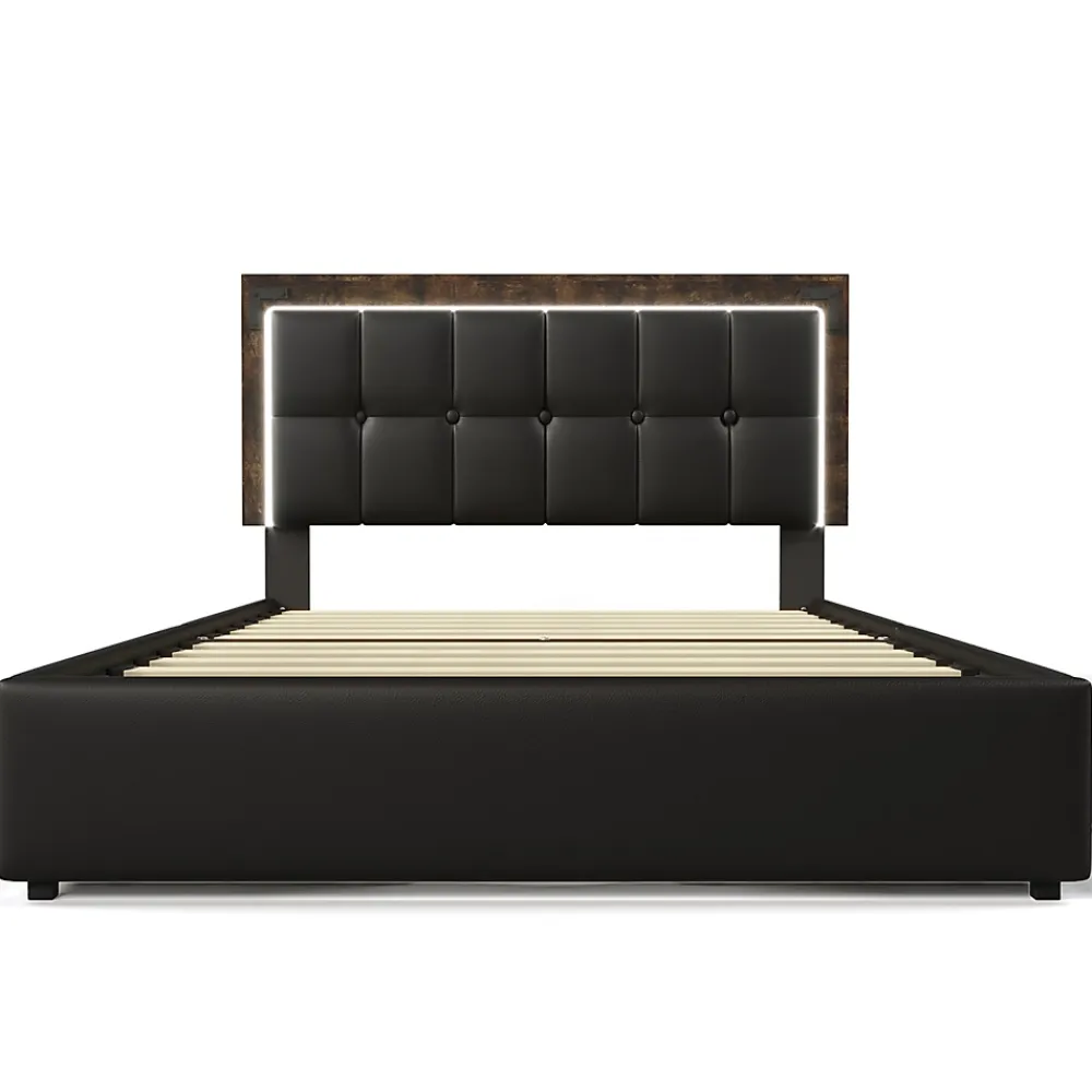 Gutent Lit adulte lit 140x200 cm lit rembourré avec bandeau lumineux led et 4 tiroirs lit double pu noir* Lit Avec Rangement