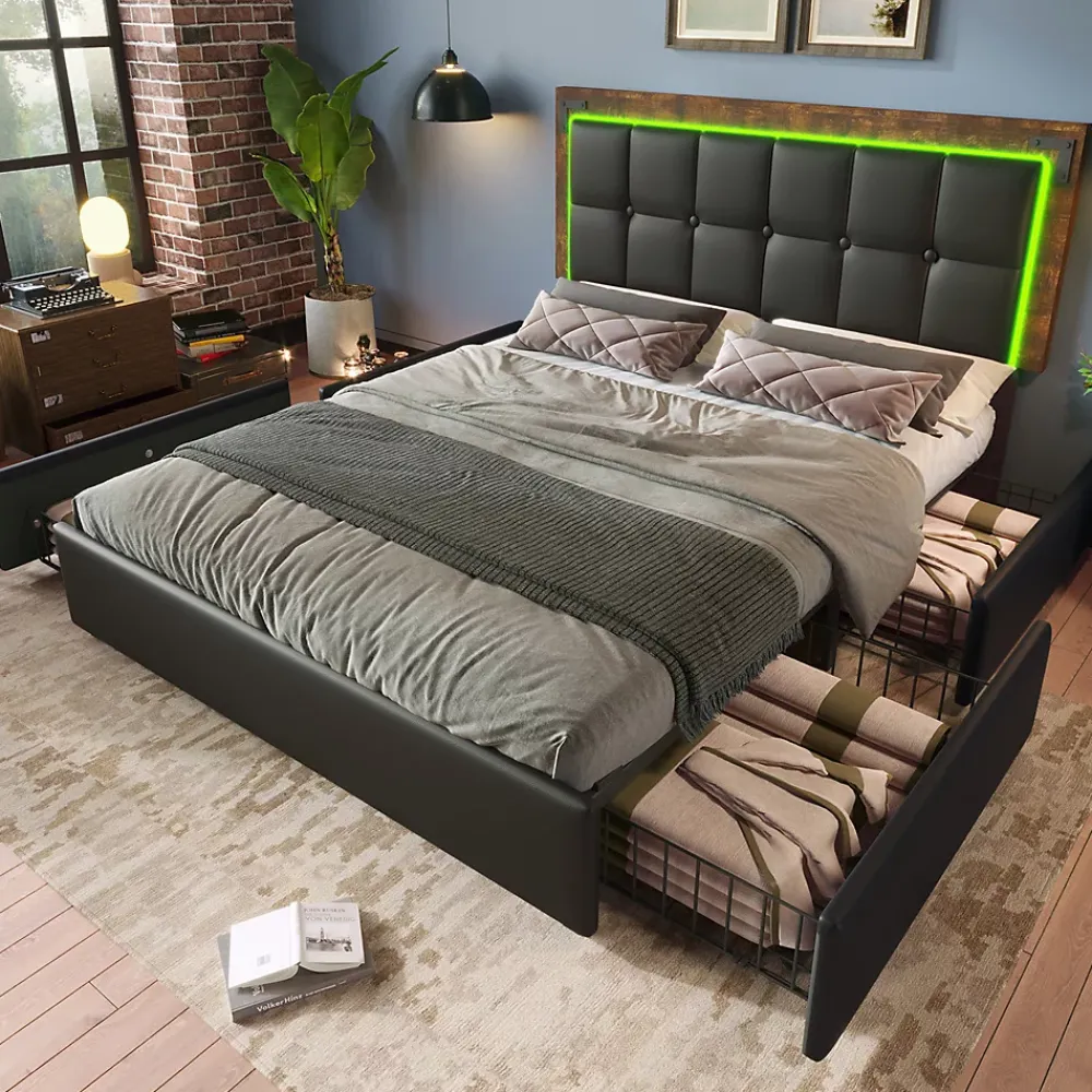 Gutent Lit adulte lit 140x200 cm lit rembourré avec bandeau lumineux led et 4 tiroirs lit double pu noir* Lit Avec Rangement