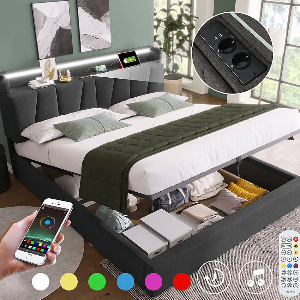 Lit adulte lit 140x200 cm lit rembourré avec éclairage led lit de rangement lit double lin gris>Gutent New