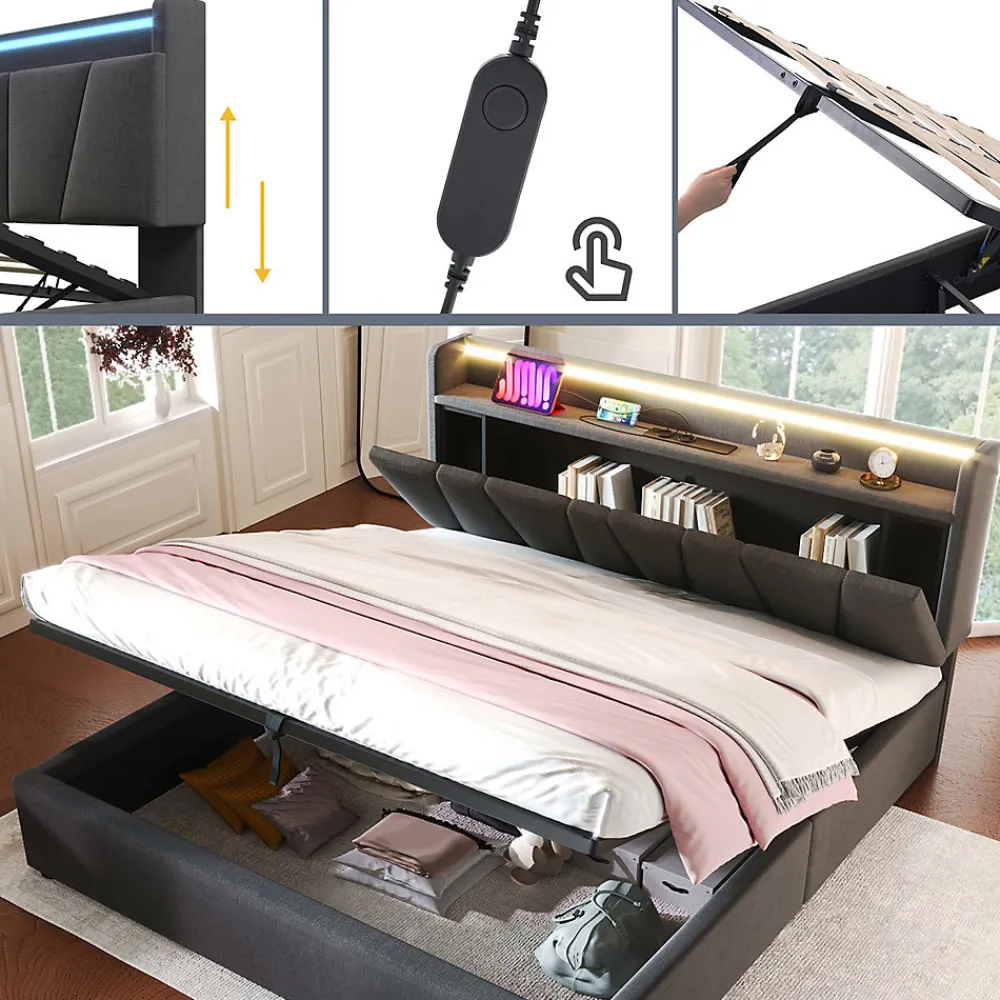Lit adulte lit 140x200 cm lit rembourré avec éclairage led lit de rangement lit double lin gris>Gutent New
