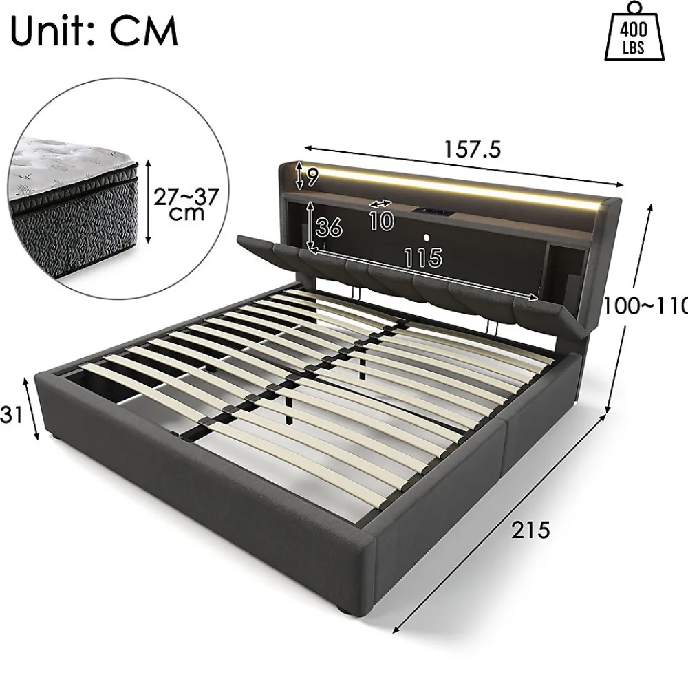 Lit adulte lit 140x200 cm lit rembourré avec éclairage led lit de rangement lit double lin gris>Gutent New