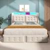 Gutent Lit adulte lit 140x200 cm lit rembourré lit 4 tiroirs lit de rangement avec sommier à lattes en bois lit double coton lin beige* Lit Avec Rangement