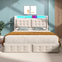 Gutent Lit adulte lit 140x200 cm lit rembourré lit 4 tiroirs lit de rangement avec sommier à lattes en bois lit double coton lin beige* Lit Avec Rangement